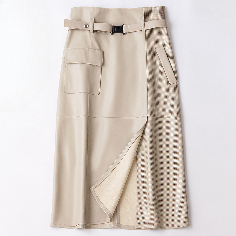 Women's leather belted midi skirt, front view