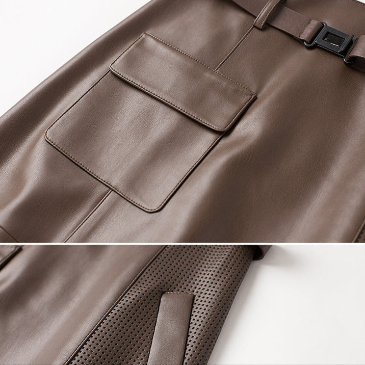 Functional pocket detail on leather skirt