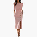 Women's Sleeveless Button Front Slit Midi Dress