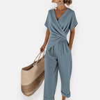 Women's wrap front jumpsuit with wide legs, front view