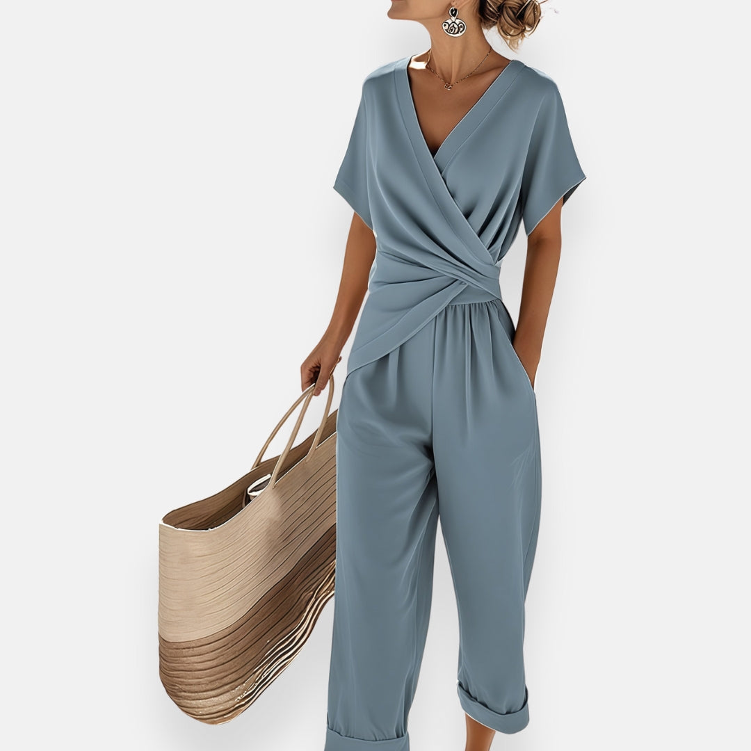 Women's wrap front jumpsuit with wide legs, front view