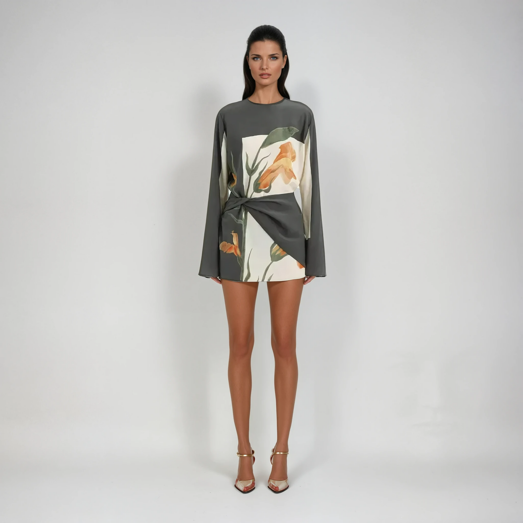 Women's floral print mini dress with draped twist waist detail, front view
