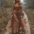 Back view of woman wearing forest green maxi dress with V-neckline