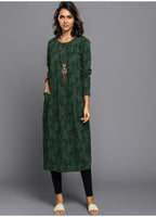 Women's forest green floral jacquard maxi dress with long sleeves, front view