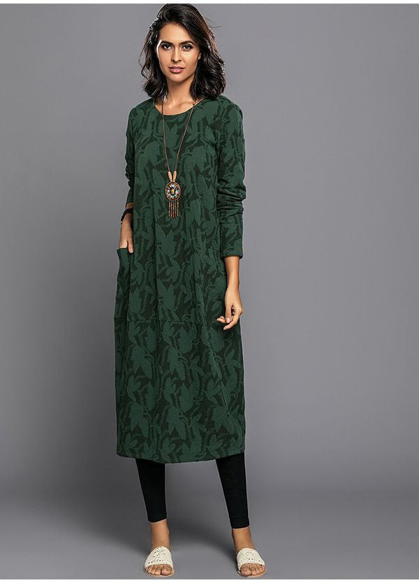 Women's forest green floral jacquard maxi dress with long sleeves, front view