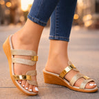 Close-up of glitter and hammered gold-tone alternating straps