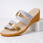 Sandals styled with casual outfit, side angle