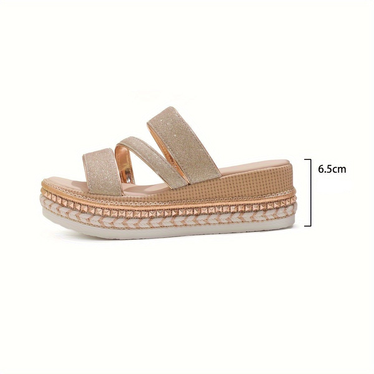 Top-down view of gold flatform sandal showing all straps