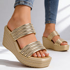 Women's metallic wedge sandals with double straps, front view