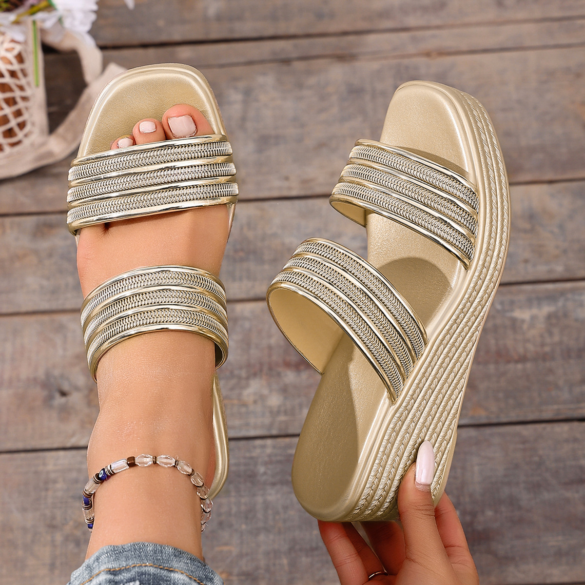 Detail of cushioned orthopedic footbed inside sandal