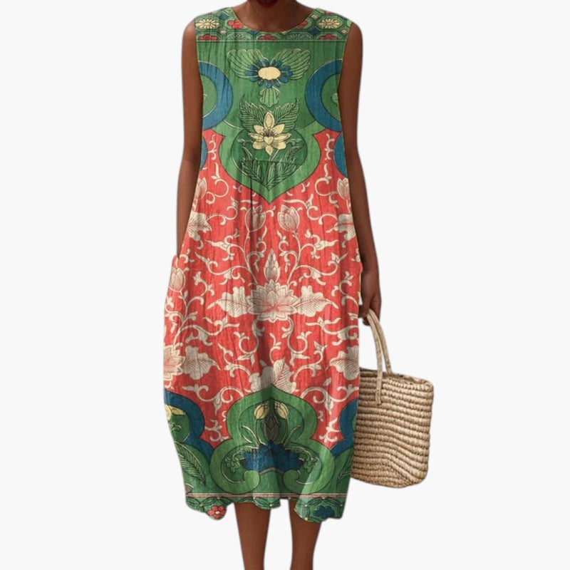 Women's Green Coral Floral Sleeveless Midi Dress