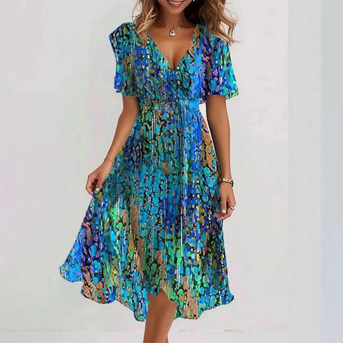 Women's Floral Chiffon Wrap Midi Dress