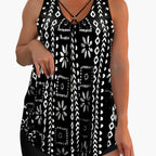 Model wearing floral tankini set, front-facing pose showing V-neckline detail