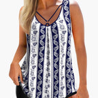 Model from behind wearing tankini set with coordinating swim shorts