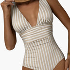 Close-up detail of striped pattern and plunging V-neckline