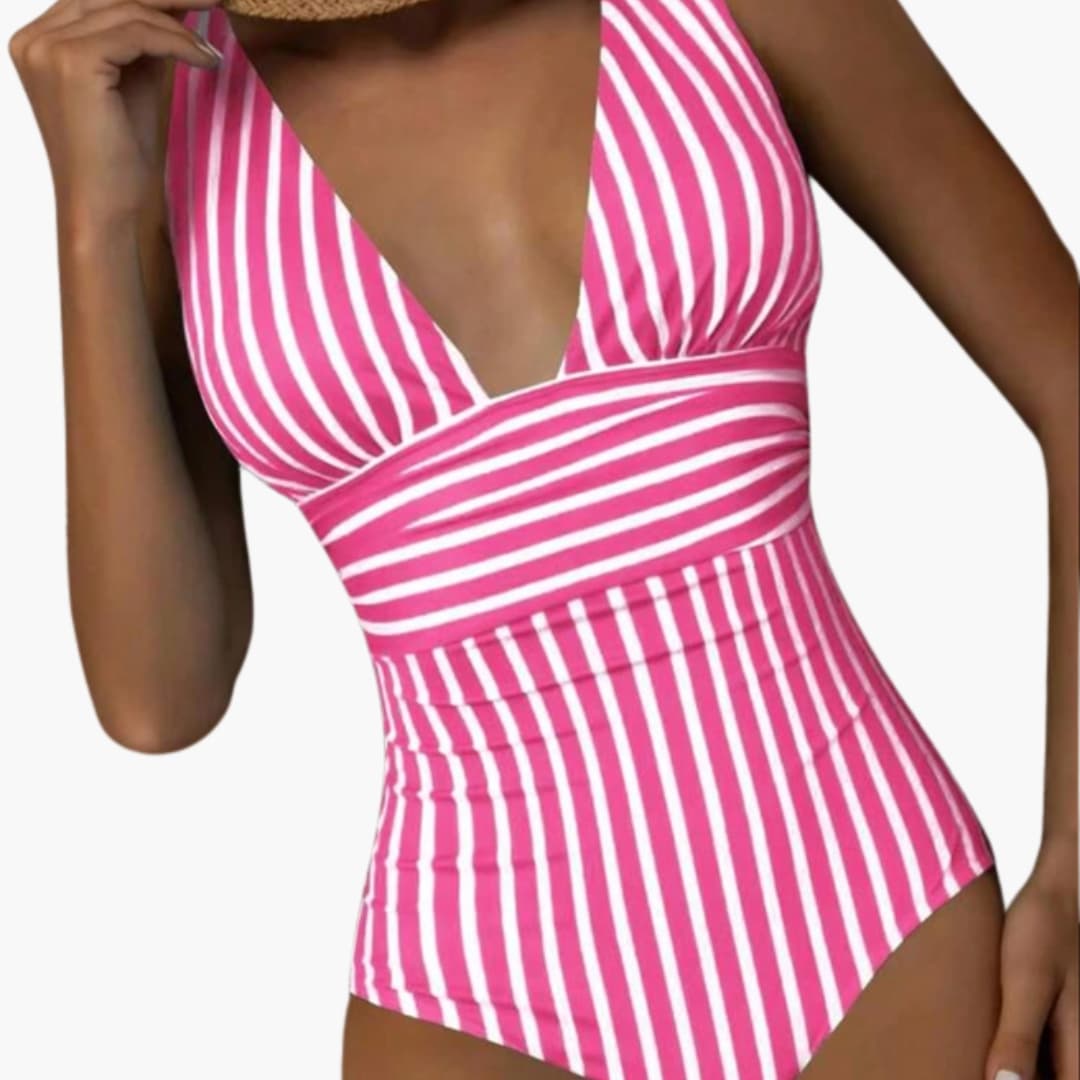 Women's Striped Plunge Neck One Piece Swimsuit