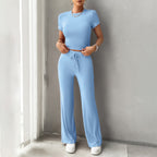 Back view of crop top and trousers co-ord set