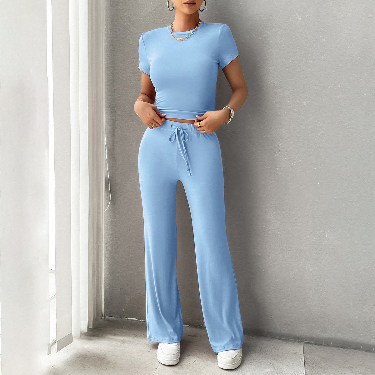 Back view of crop top and trousers co-ord set
