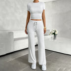 Close-up of crew neckline on cropped short sleeve top