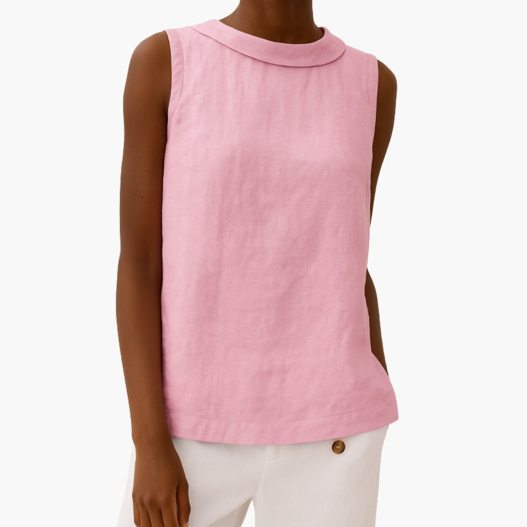 Full-length back view of sleeveless collared top