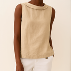 Detail shot of soft rolled neckline on sleeveless top