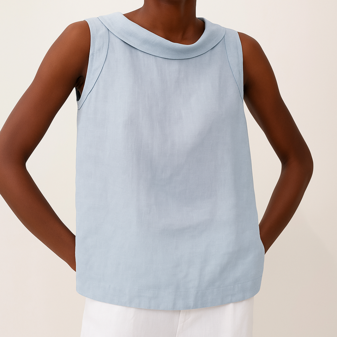 Back view of sleeveless roll collar top
