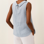 Side profile of sleeveless top showing drape and fit