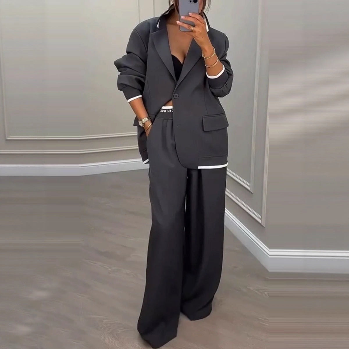 Women's Grey Wide Leg Blazer Trousers Set