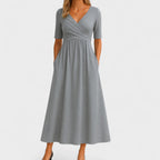 Women's wrap bodice maxi dress with elbow sleeves, front view
