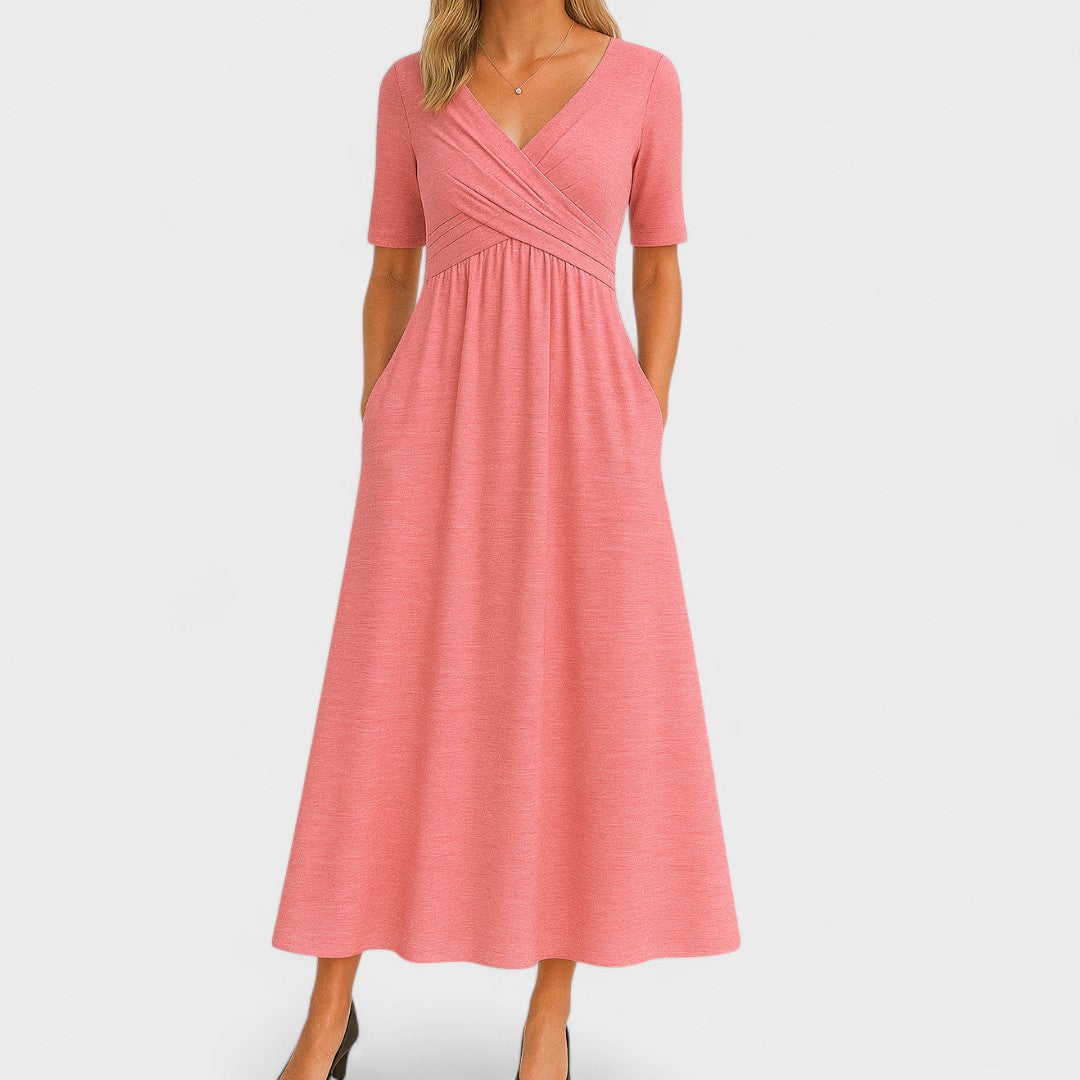 Model in dress, natural walking pose from side angle