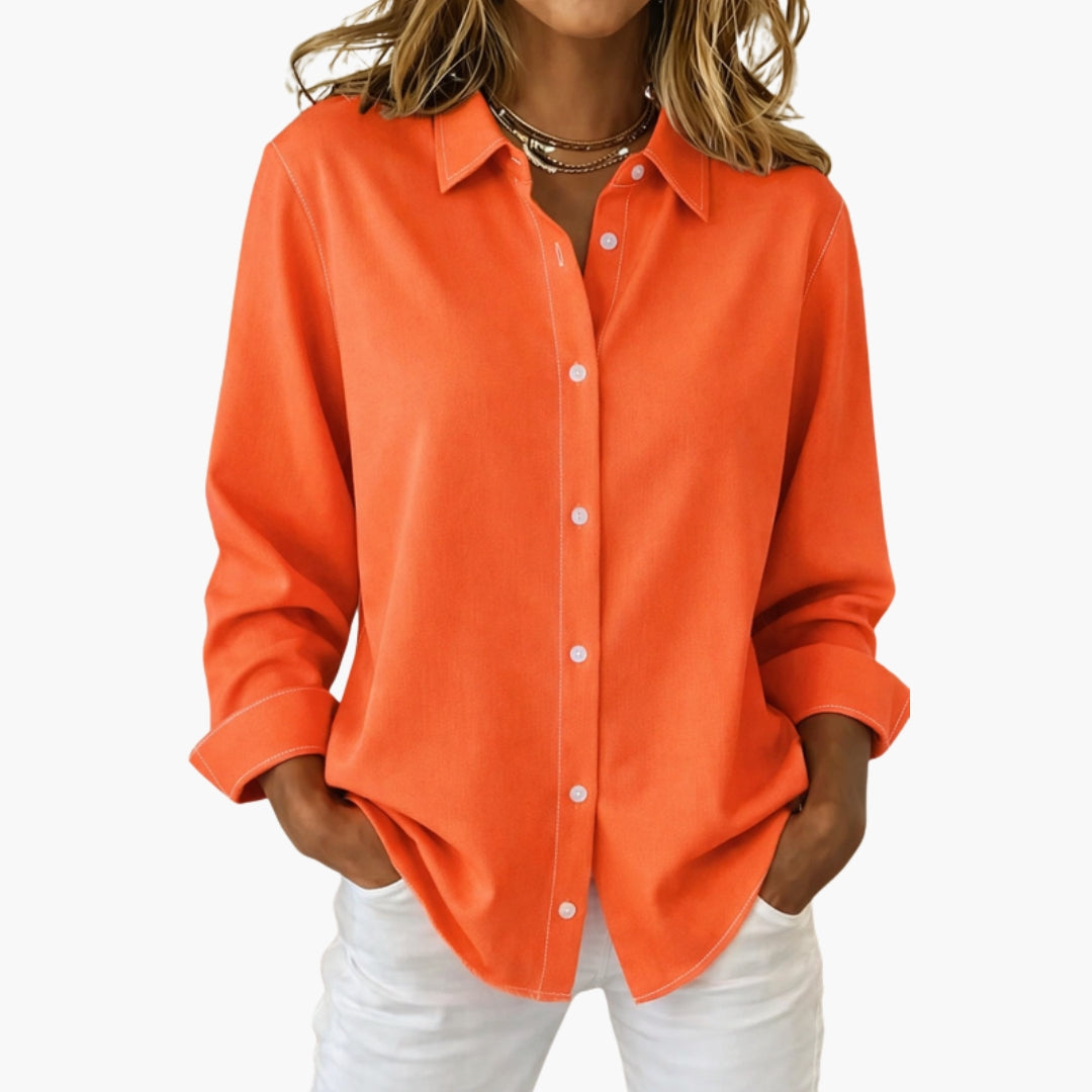 Close-up of point collar and button-through front fastening
