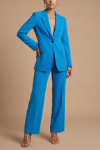 Full length view of wide leg trousers with blazer, rear angle