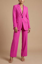 Women's hot pink blazer set with wide leg trousers, front view