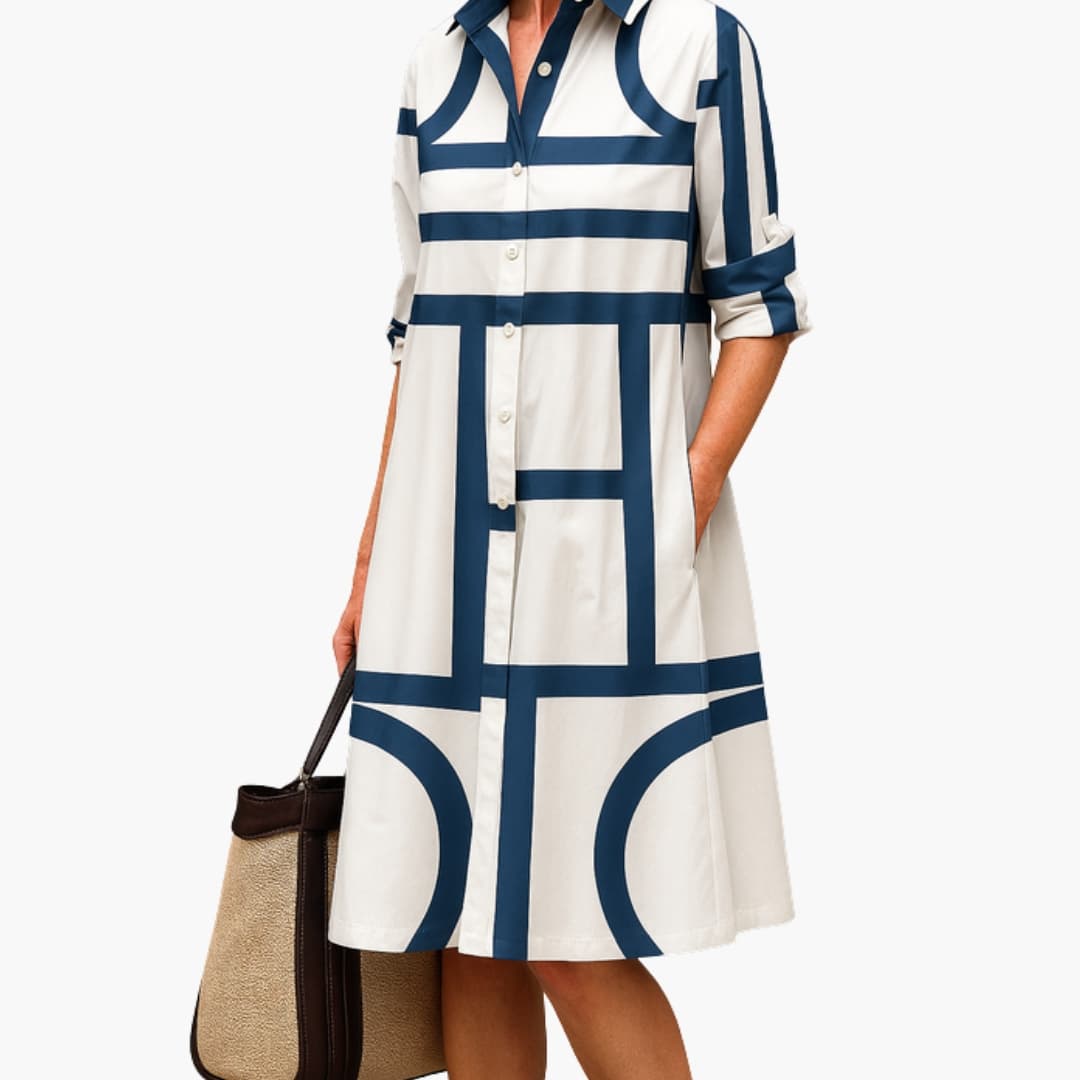Women's Ivory Navy Geometric Print Shirt Midi Dress