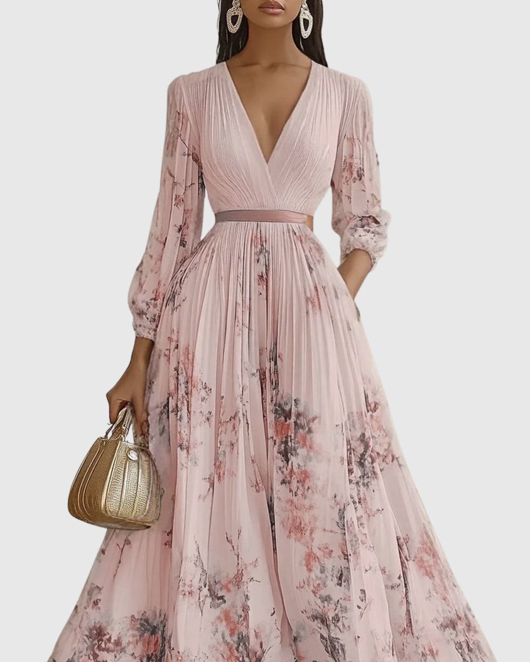 Model seated showing how dress sits and folds