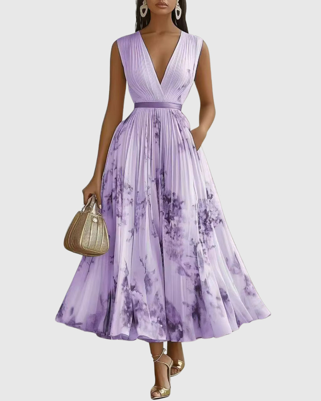 Full-length back view of dress and pleated design