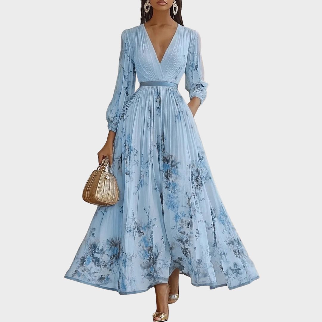 Back view of sleeveless maxi dress showing pleated design