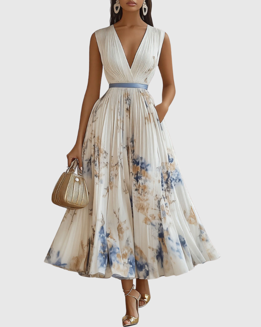 Women's floral pleated maxi dress front view, sleeveless V-neckline