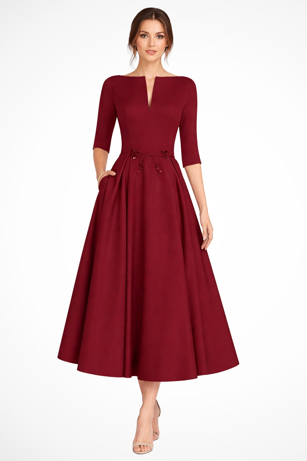 Woman posing from behind, showing pleated skirt movement