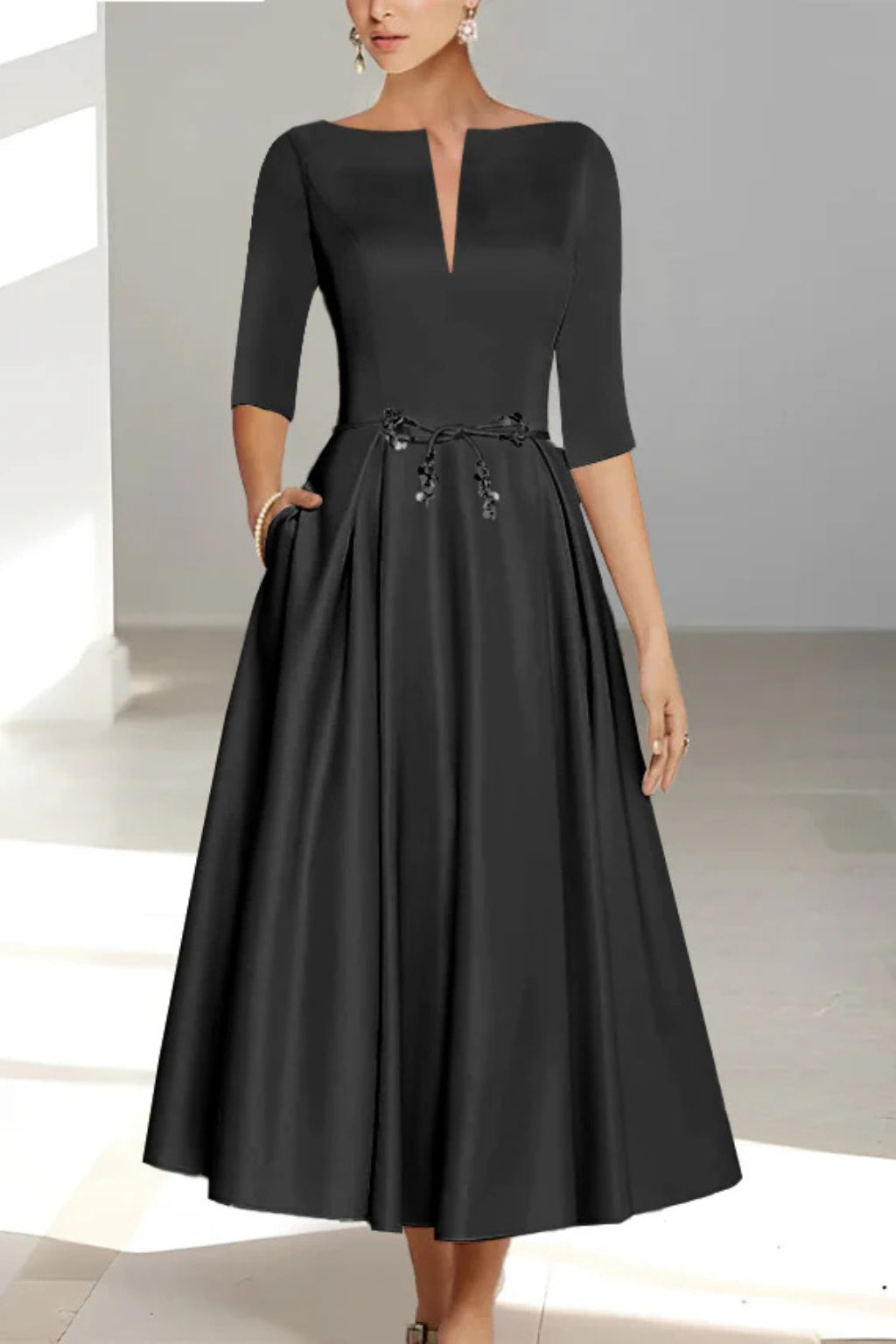Overall styling view of half sleeve midi wedding dress