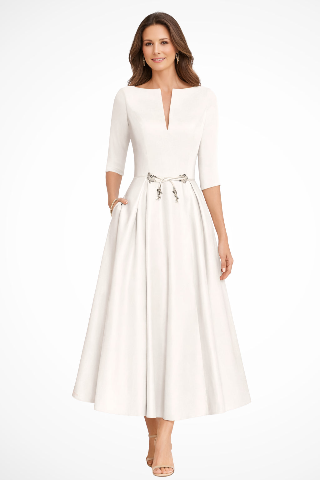 Woman wearing half sleeve A-line midi wedding dress, front view