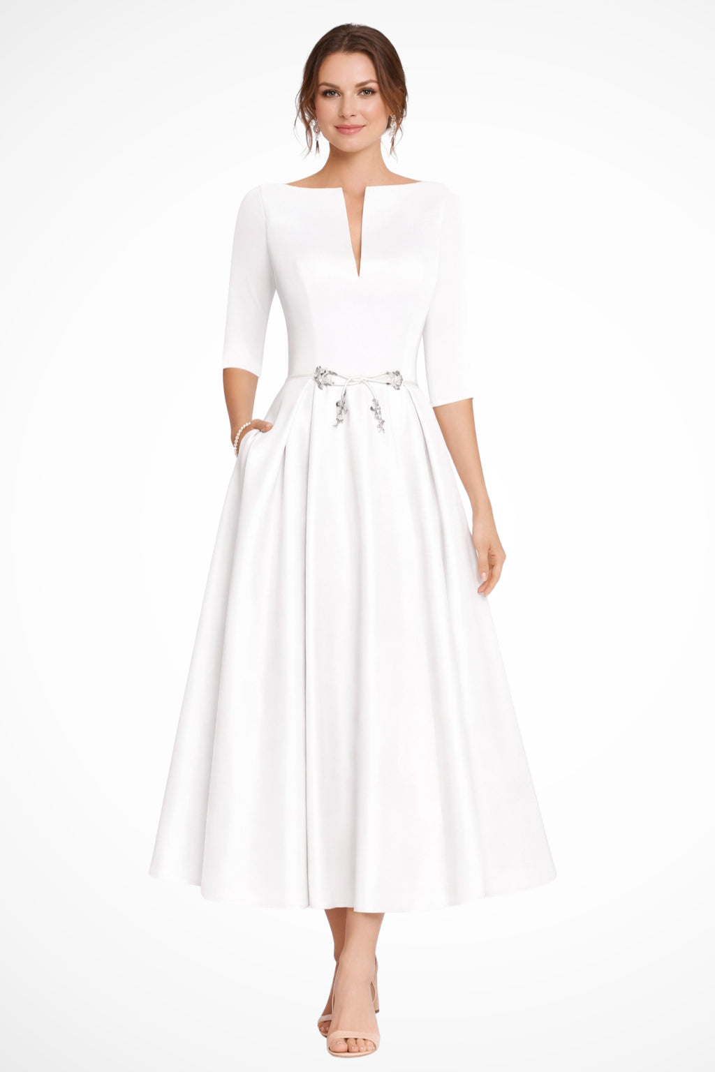 Full-length angle of dress from side, showing silhouette