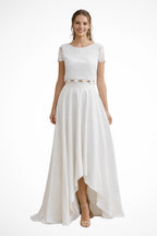 Ivory lace crop top and high-low maxi skirt wedding set, front view