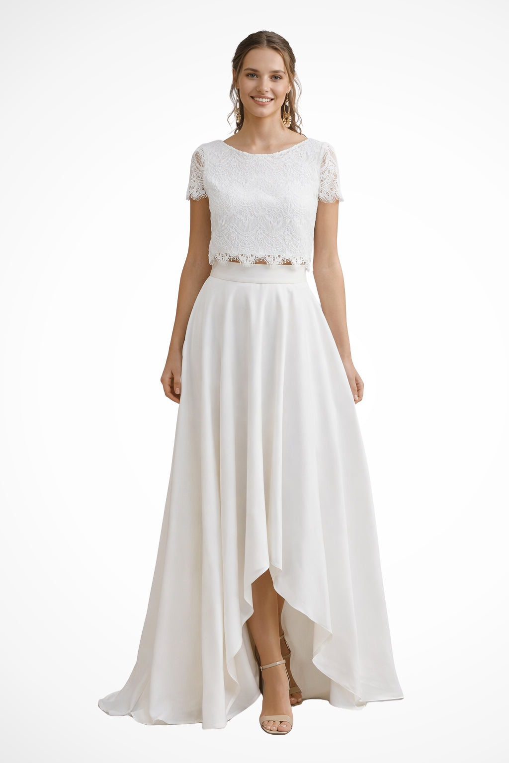 Ivory lace crop top and high-low maxi skirt wedding set, front view