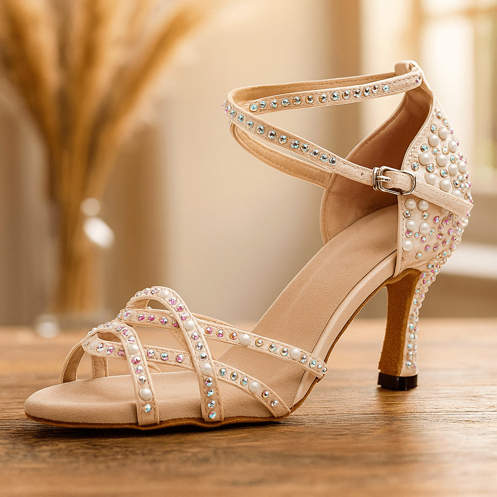Close-up of pearl and crystal detailing on satin heel upper