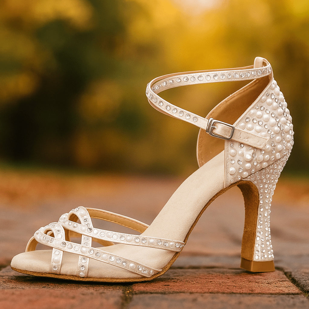 Dual ankle buckle straps on ivory bridal heel