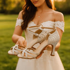 Ivory pearl satin bridal heels with crystal embellishments, front view