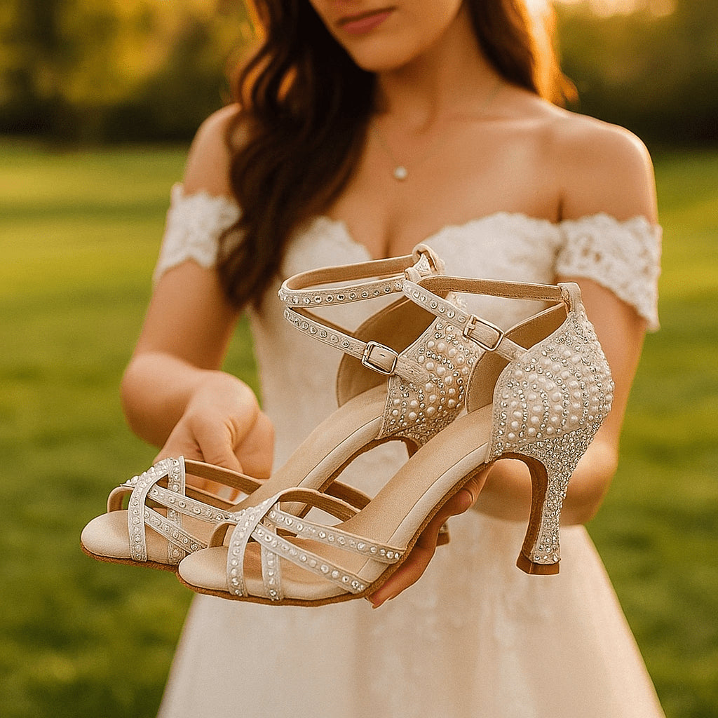 Ivory pearl satin bridal heels with crystal embellishments, front view