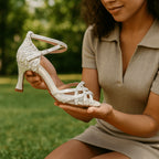 Sole and heel height detail of ivory pearl satin bridal shoe