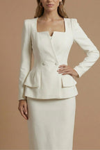 Back view of peplum blazer with structured shoulder definition